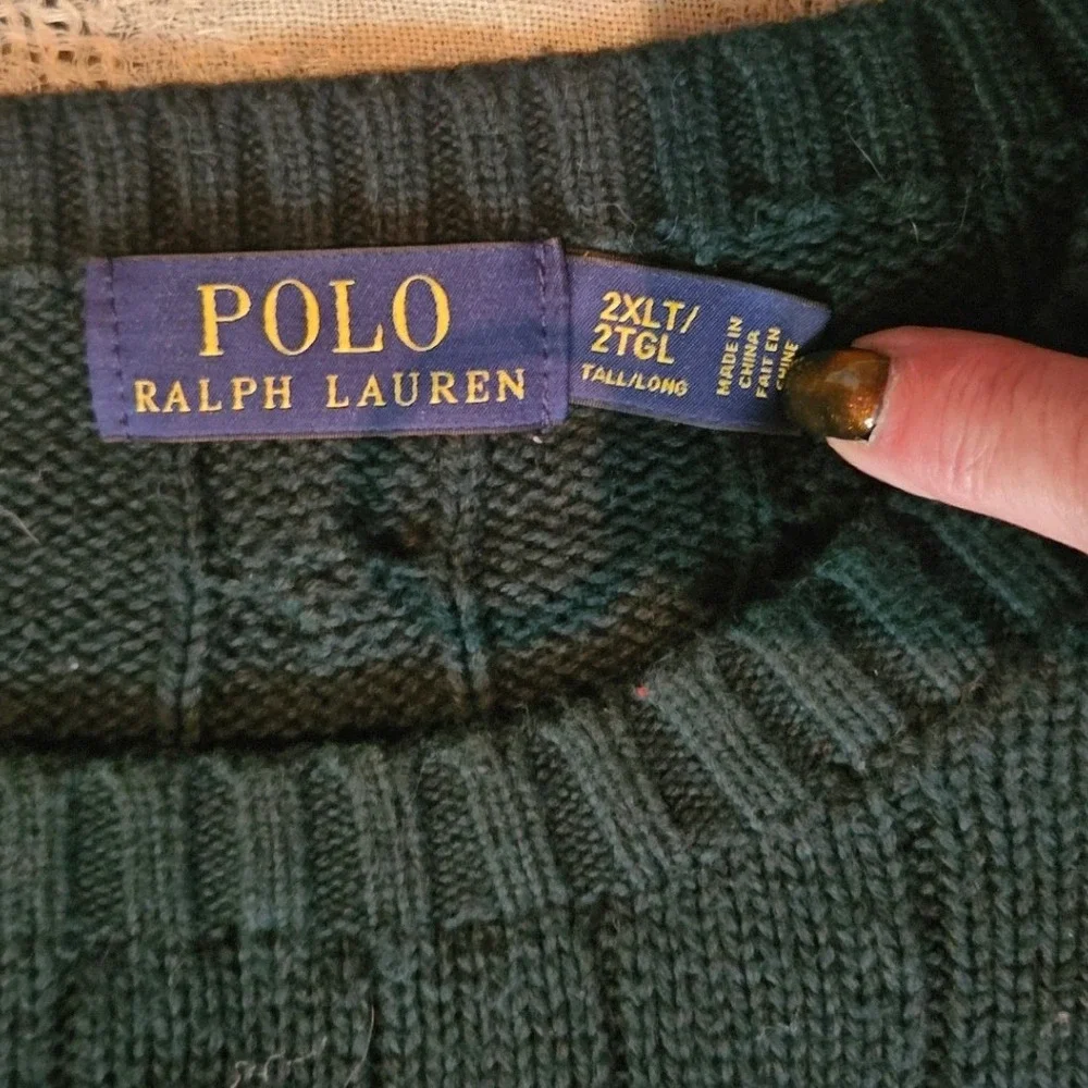 Polo Ralph Lauren Mens 2XLT Hunter Green Cable Knit Cotton Crewneck Sweater Tall